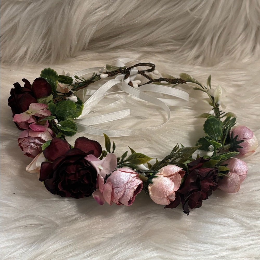 Floral Headband with Pink and Burgundy Flowers, photo prop